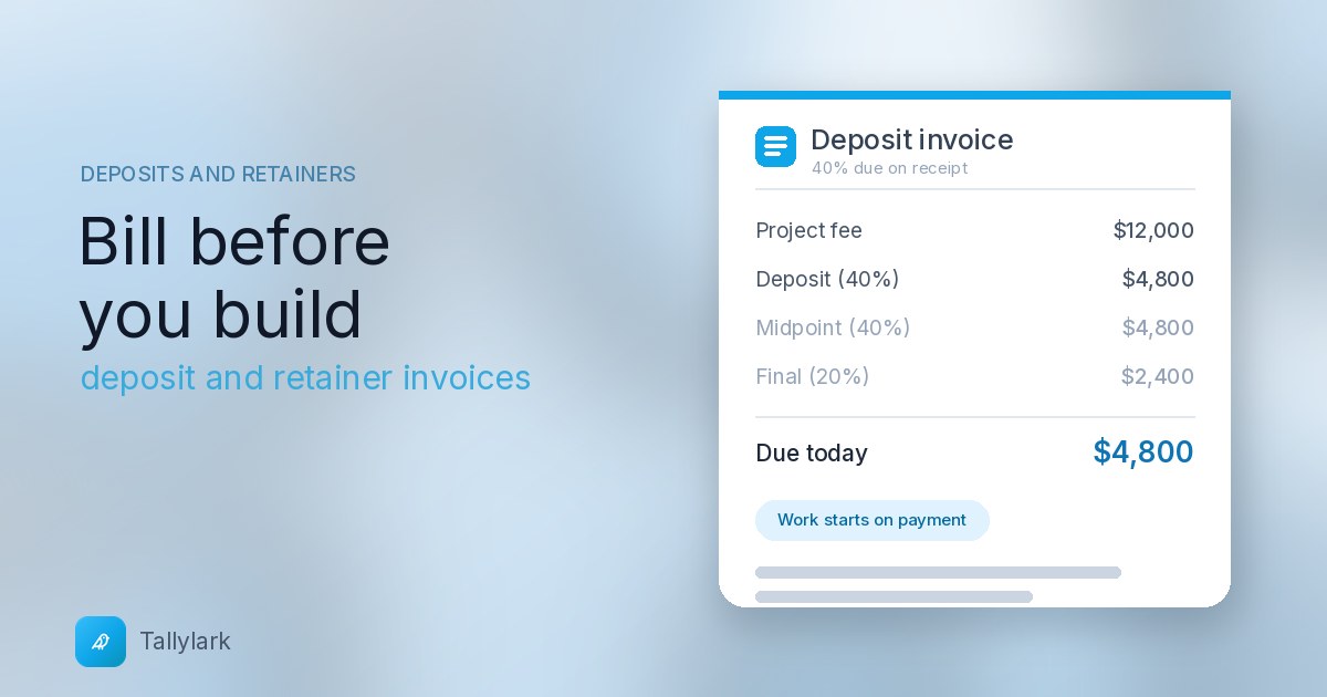 Deposit invoice card showing a $12,000 project fee split 40/40/20 with $4,800 due today, beside the title Bill before you build